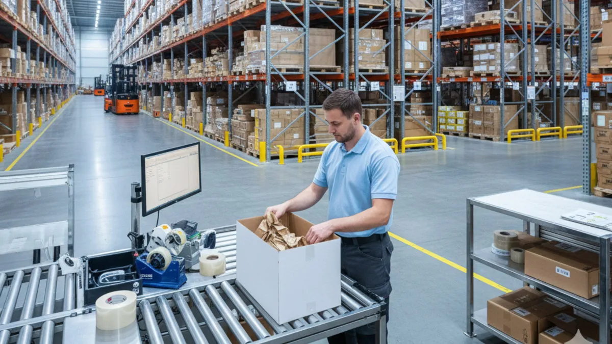 Amazon FBA alternative UK — fulfilment warehouse worker packing branded orders at a modern 3PL hub