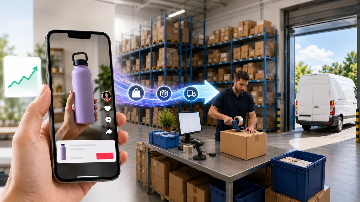 Hero image showing a smartphone with a short-form shopping product video connected by a digital arrow to an ecommerce fulfilment warehouse, where a worker packs an order and a delivery van waits at the loading bay.