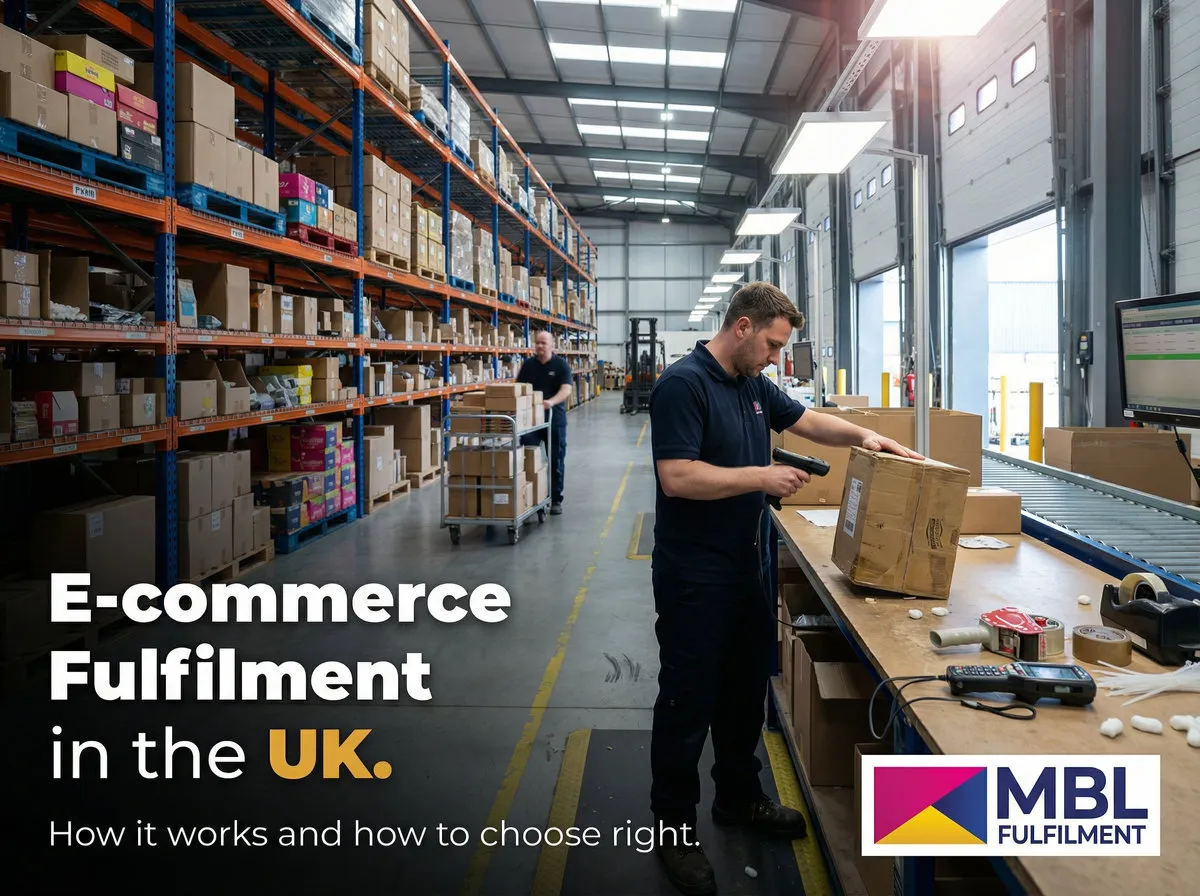 Ecommerce fulfilment in the UK: how it works and how to choose right — warehouse operative scanning a parcel at a packing bench beside a roller conveyor, with stocked pallet racking and loading bays behind, MBL Fulfilment