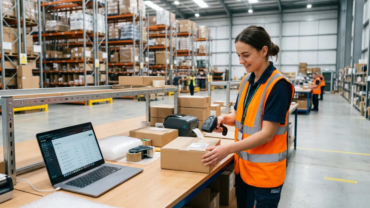 Shopify fulfilment UK — warehouse operative scanning a parcel at a packing station with Shopify dashboard on laptop, MBL Fulfilment Manchester